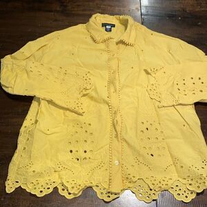 Cynthia Rowley ladies button down eyelet top shirt blouse mustard yellow Medium